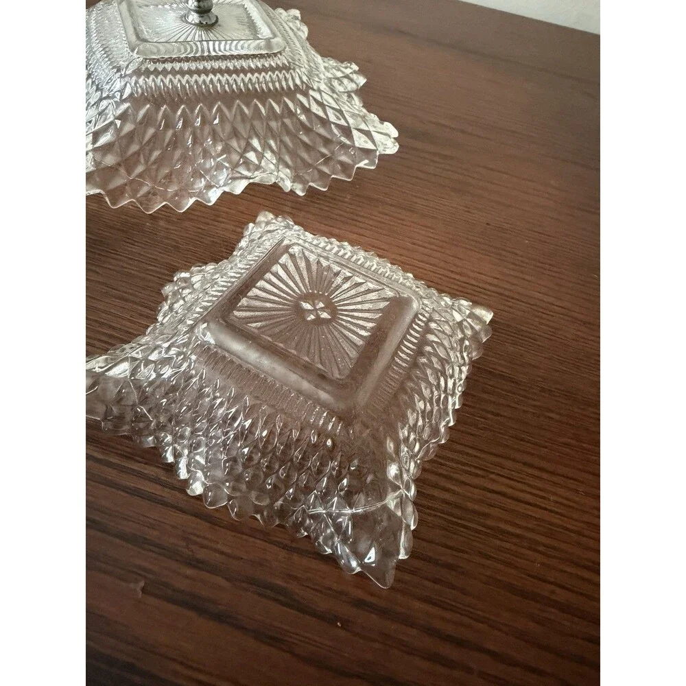 Vintage Clear Diamond Square Glass 5 Candy Dishes with Silver Pedestal